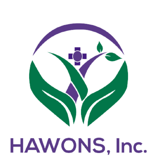 Logo of hawons, inc. featuring a stylized circular design with green leaves and a purple microscope at the center, symbolizing their focus on health and wellness.
